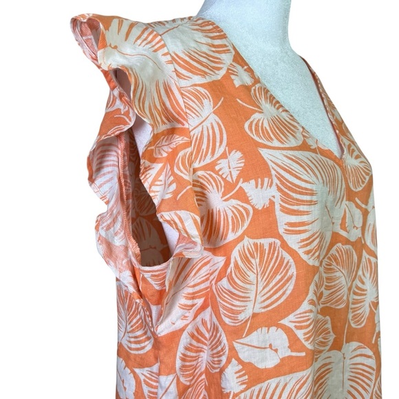 TAHARI 100% Linen Orange Tropical Leaf Dress Size Large Coastal Flutter Sleeve - Picture 6 of 11